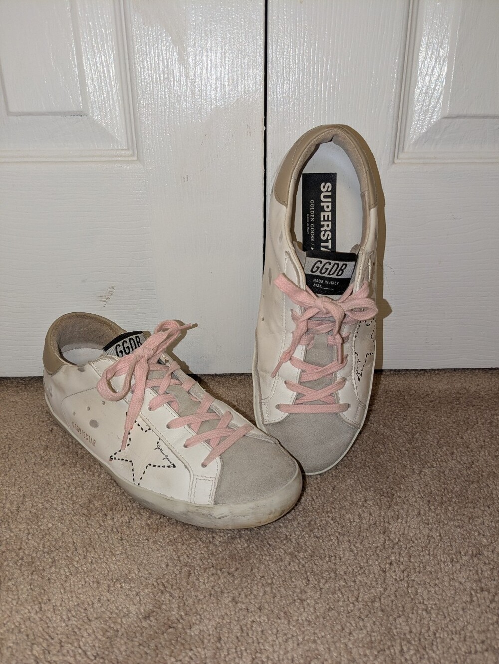 Golden Goose Super-Star White Sneakers with Pink Laces and Gray Suede Toe